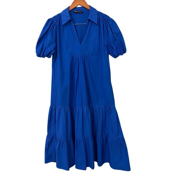 Zara Cotton Poplin Midi Dress Medium Cobalt Royal Blue Collared Tiered Preppy - Picture 6 of 12
